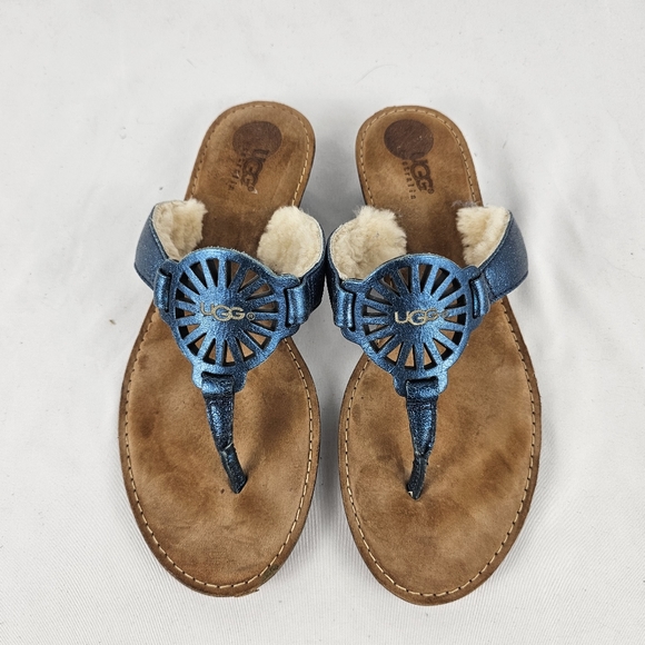 Ugg Australia Leather Shearling Lined Flip Flops Blue Thong Sandals Women's 6 - Picture 2 of 6